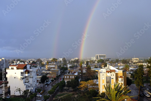 Double rainbow after rain over Lod city, Israel.