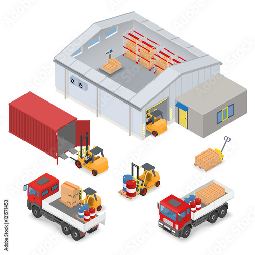 Isometric warehouse industrial scene