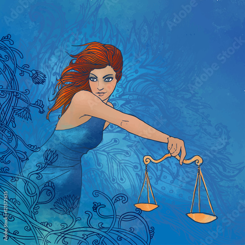 Illustration of libra zodiac sign as a beautiful girl with in her hand