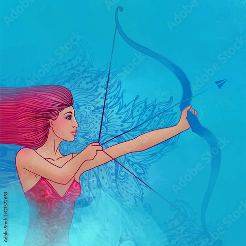 Illustration of sagittarius zodiac sign as a beautiful girl pulling the string of onions
