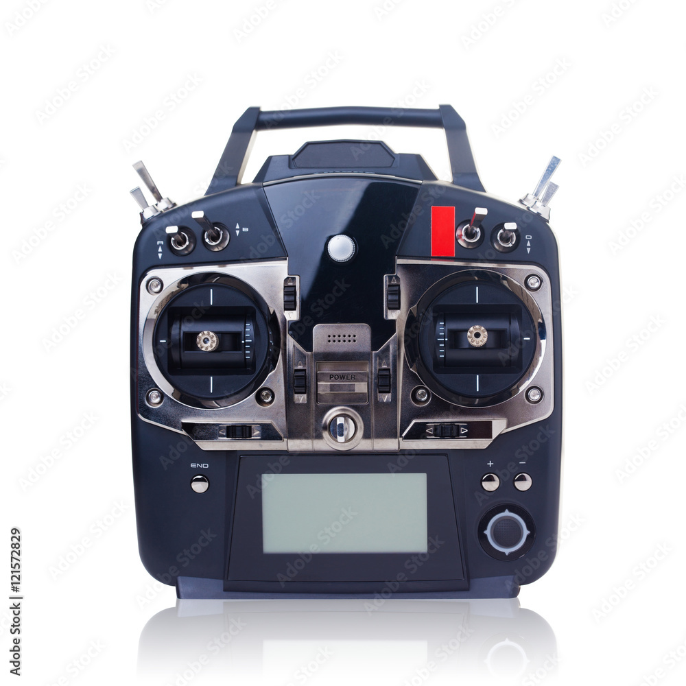 Remote control (RC) for helicopters, drone and airplanes isolated on white background with clipping path Remote control (RC) for helicopters, drone and airplanes isolated on white background with clipping path