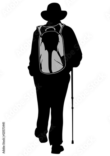 Silhouette of a man with a backpack on a white background