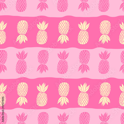 Pineapples on the white background. Vector seamless pattern tropical fruit. Cute girl style, pink and yellow with stripes