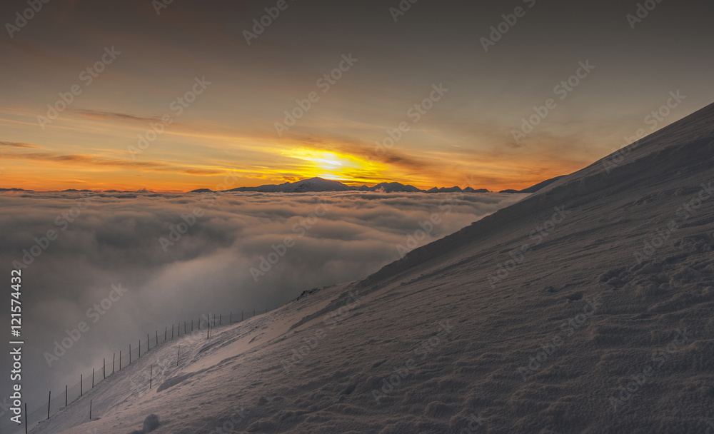 Beautiful winter mountain landscape at sunset. Tatry