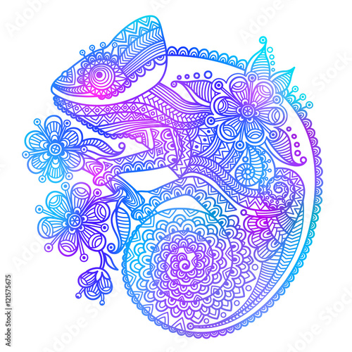 The outline vector illustration of a rainbow chameleon isolated on white background