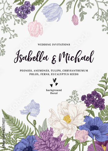 Wedding invitation with flowers.