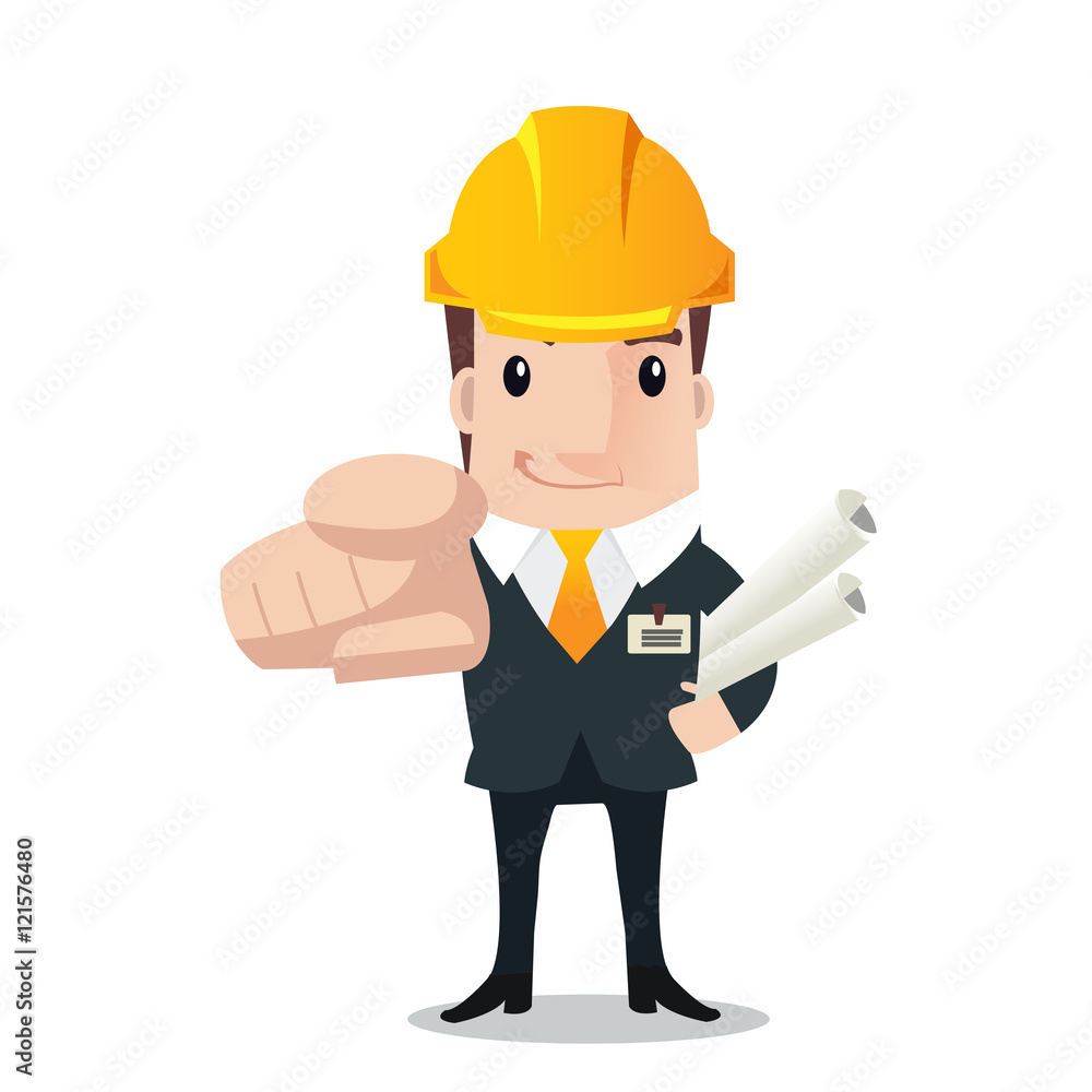 businessmen with hardhat holding plans pointing finger