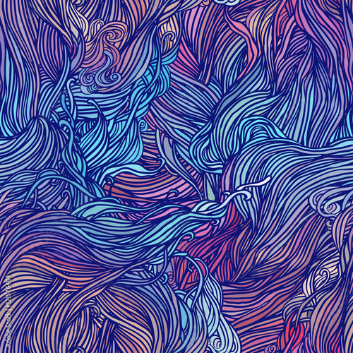 Vector color abstract hand-drawn hair pattern with waves and clo