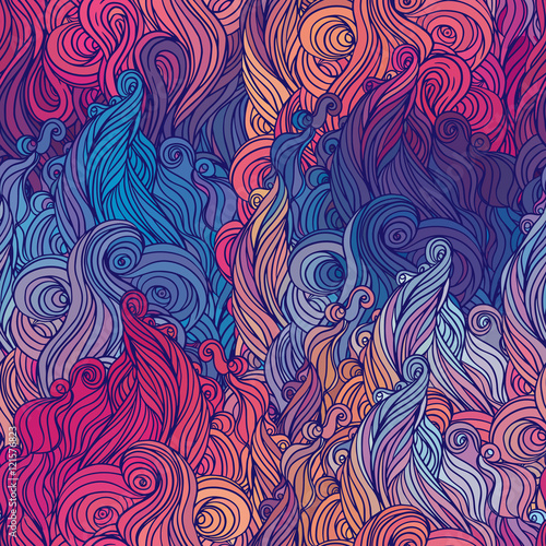 Vector color abstract hand-drawn hair pattern with waves and clo
