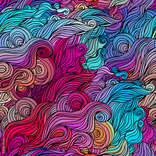 Vector color abstract hand-drawn hair pattern with waves and clo