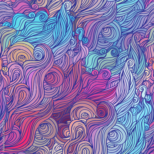 Vector color abstract hand-drawn hair pattern with waves and clo
