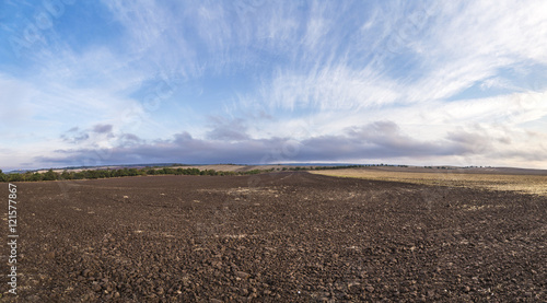 Фотография panoramic view of plowed fields in morning fog