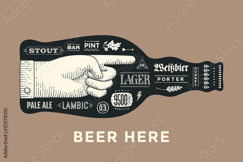 Bottle of beer with hand drawn lettering and text Beer Here for Oktoberfest Beer Festival. Vintage drawing for bar, pub, beer themes. Isolated black bottle of beer with lettering. Vector Illustration