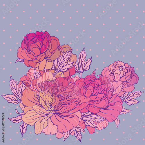 Beautiful peony bouquet design on beige background.