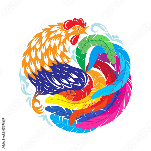 Decorative abstract cock. Ornamental colorful rooster in the form of a circle. Drawing Chinese characters of the New Year 2017. 