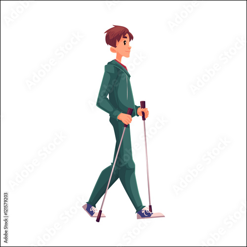 Male nordic walker, cartoon style vector illustration isolated on white background. Young man going in for nordic walking, full height portrait, side view. Male Nordic walker in sports suit