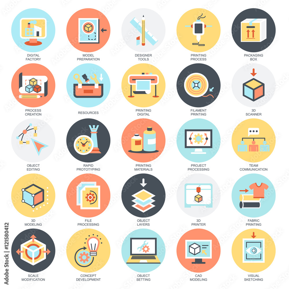 Flat icons pack of 3D printing and modeling Flat icons pack of 3D printing and modeling
