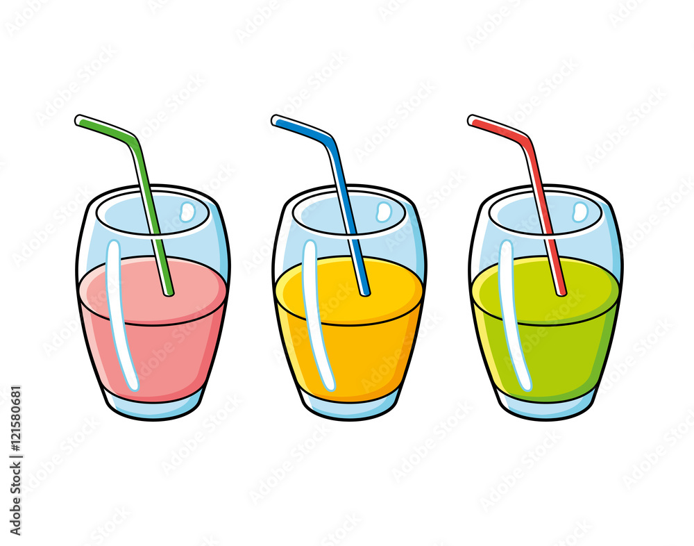 Set of fresh juice or smoothie glasses, different flavors and colors, vector isolated. Set of fresh juice or smoothie glasses, different flavors and colors, vector isolated.