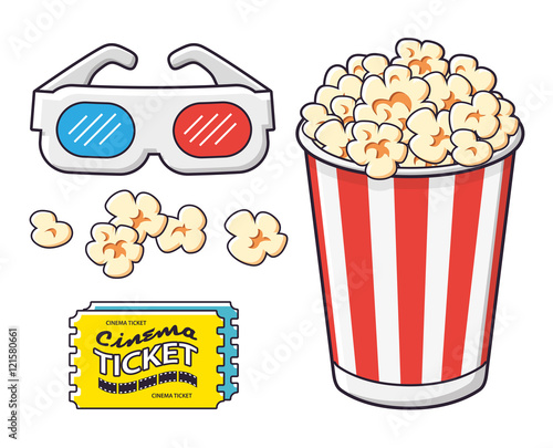 3d stereo glasses, tickets, popcorn striped bucket. Cinema accessories vector icons set isolated.