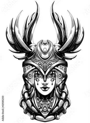 young smiling Valkyrie helmet with feathers