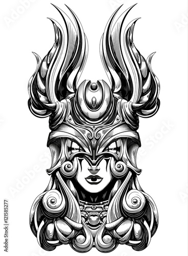 blind Valkyrie wearing a helmet with feathers