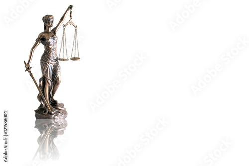 Lady justice or Themis with reflection  isolated on white background and space for text