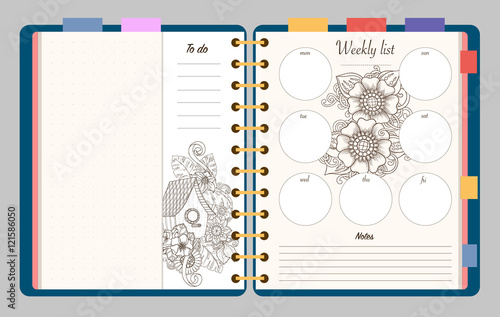 Flat design opened notepad with adult coloring page, notes, weekly and to do list in top view. Sketchbook, coloring book or diary mockup. Vector illustration of birdhouse and flowers.