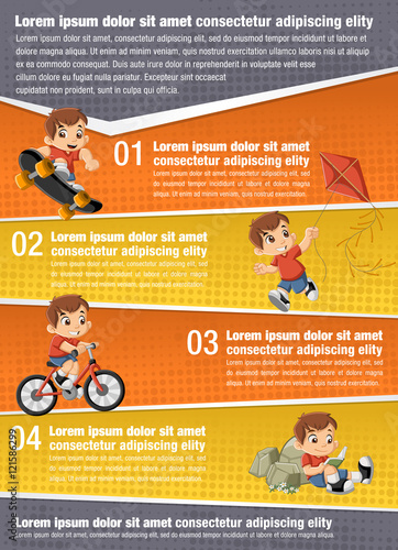 Vector brochure backgrounds with happy cartoon boy playing. Infographic templ...