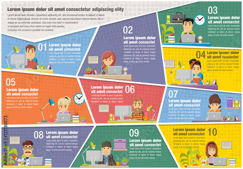 Vector brochure backgrounds with cartoon business people working on office. Infographic template design.