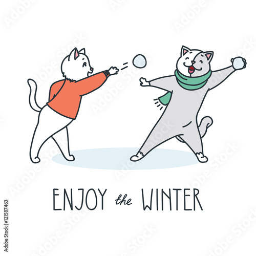 Enjoy the winter. Doodle vector illustration of happy cute cats playing snowballs