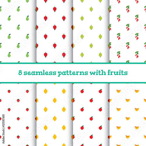 Set of simple seamless patterns with fruits and berries