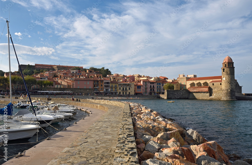  Coastal town of Collioure and Notre Dame des Anges Church , Colliure,France