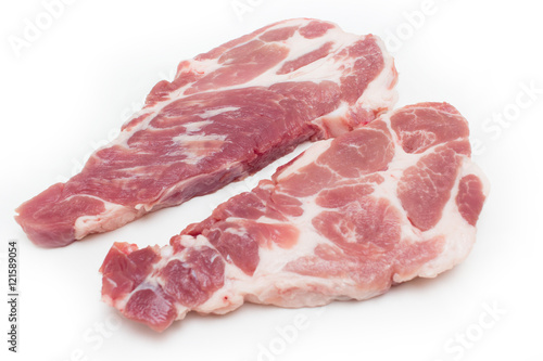 Two raw plump  pork neck chops on white