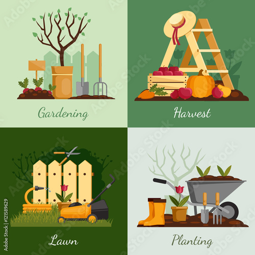 Gardening vector illustrations set. Plants, tools, equipment, harvest. Fruits, vegetables, flowers cultivation. Lawn mowing. Planting of flowers and trees