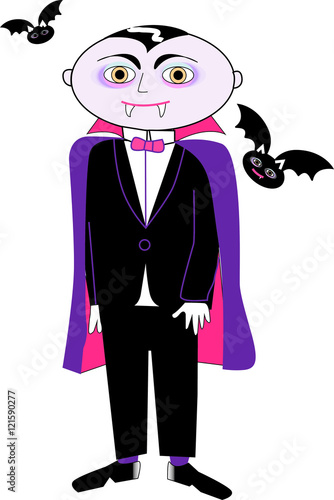 Vampiro infantil con murciélagos alrededor sobre fondo blanco, vestido con capa y pajarita