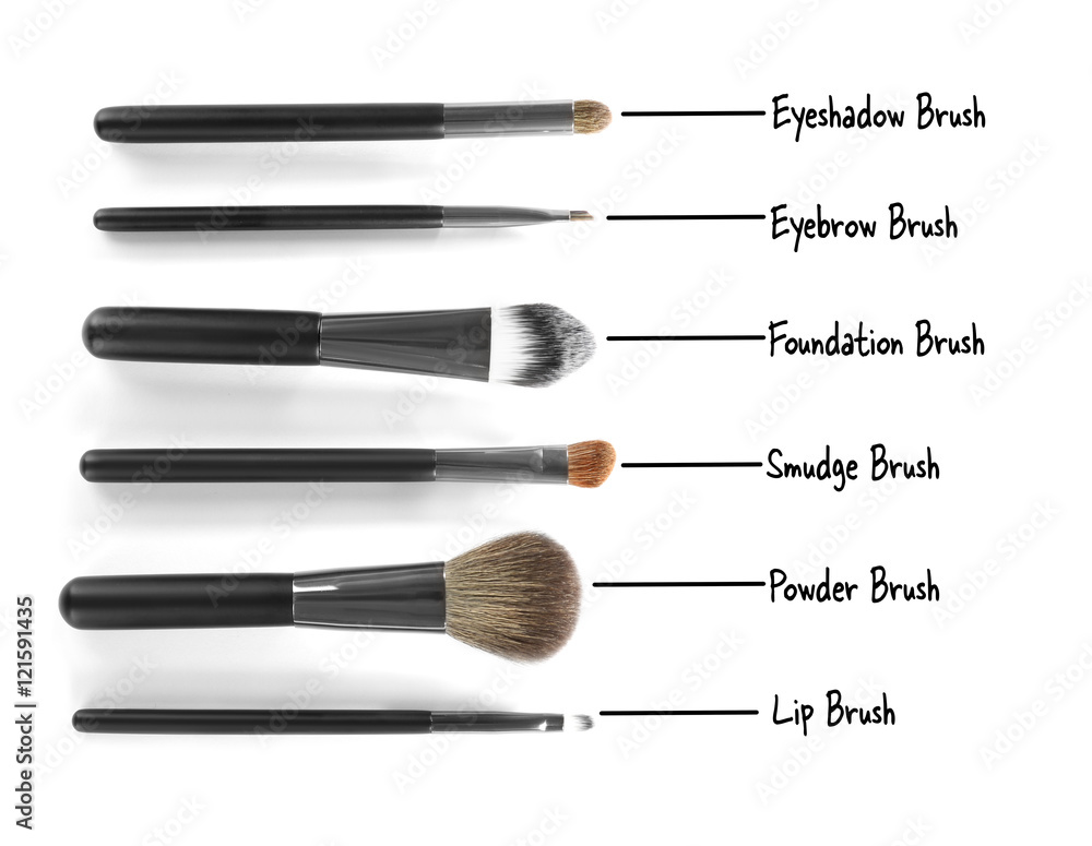 Set of professional makeup brushes with names on white background Stock  Photo | Adobe Stock