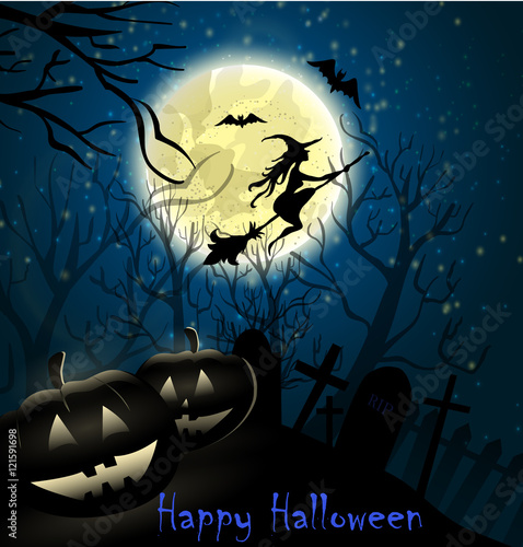 Halloween background of Witch on the full moon