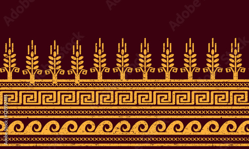 Ethnic seamless pattern. Wheat, meander, and water symbols.