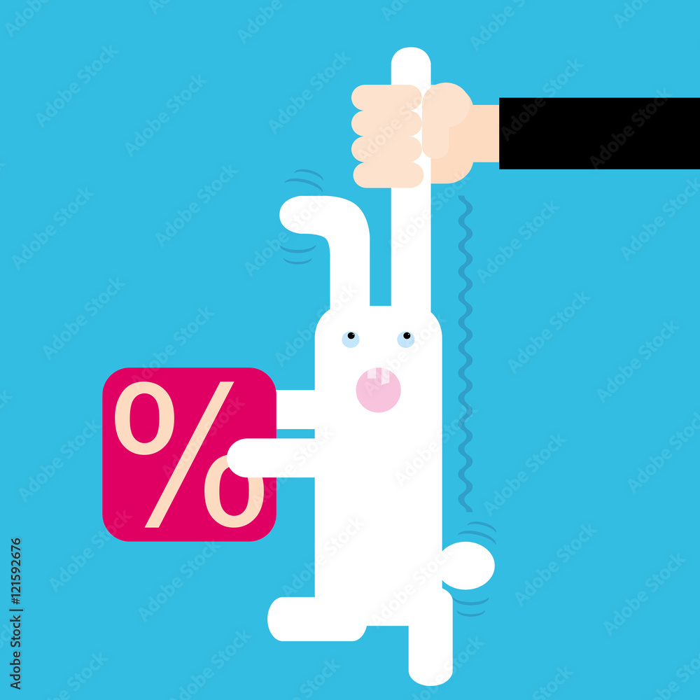 Person catching white rabbit with discount sign. Vector illustration