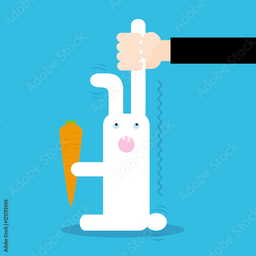 Person catching white rabbit with stolen carrot. Vector illustration