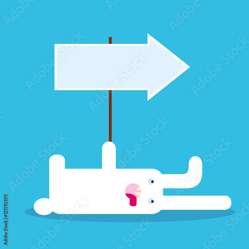 Tired white rabbit lies and shows direction with arrow. Vector illustration