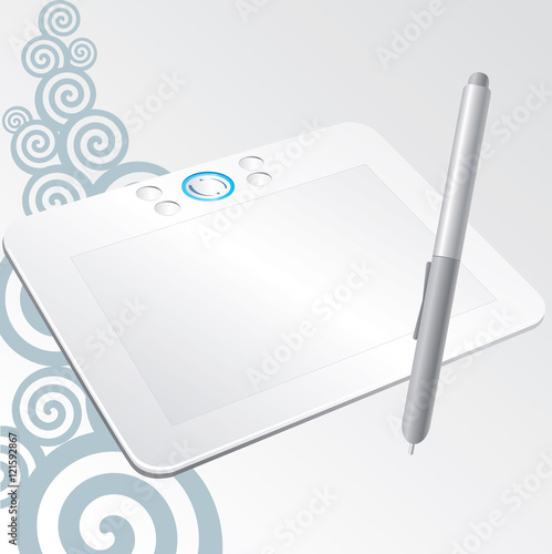 white graphic tablet with a stylus pen to draw on the computer on a gray background with swirls