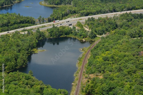 aerial view Trans Canada highway 400 just south of Parry Sound near the Parry Sound Area Municipal Airport,  Ontario Canada 