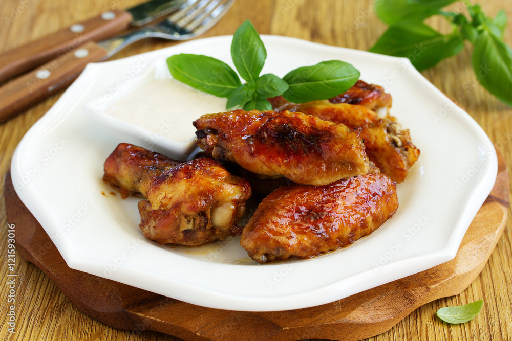 Baked in soy sauce chicken wings. Baked in soy sauce chicken wings.