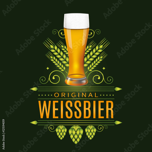Vintage label design with realistic glass of Weissbier, traditional Bavarian light beer. Vector