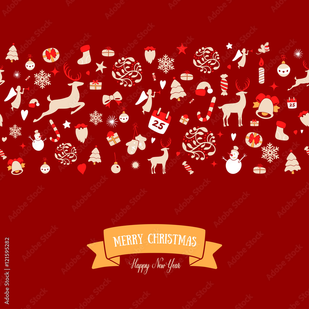 Fototapeta premium Seamless pattern design. Merry Christmas card decoration. Happy 