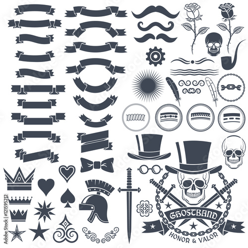 Set for the logo design in vintage style. Logo with skull in retro style. Heraldic elements to create logos.