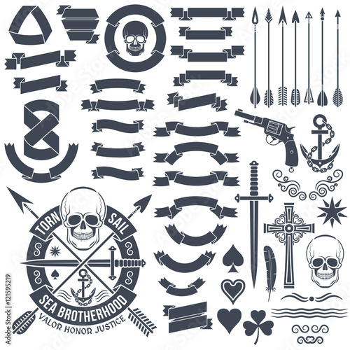 Set of vintage elements to create logos. Pirate skull emblem. Heraldic ribbon banners. Cross, dagger, skull, star, pistol, clover, anchor, arrows.