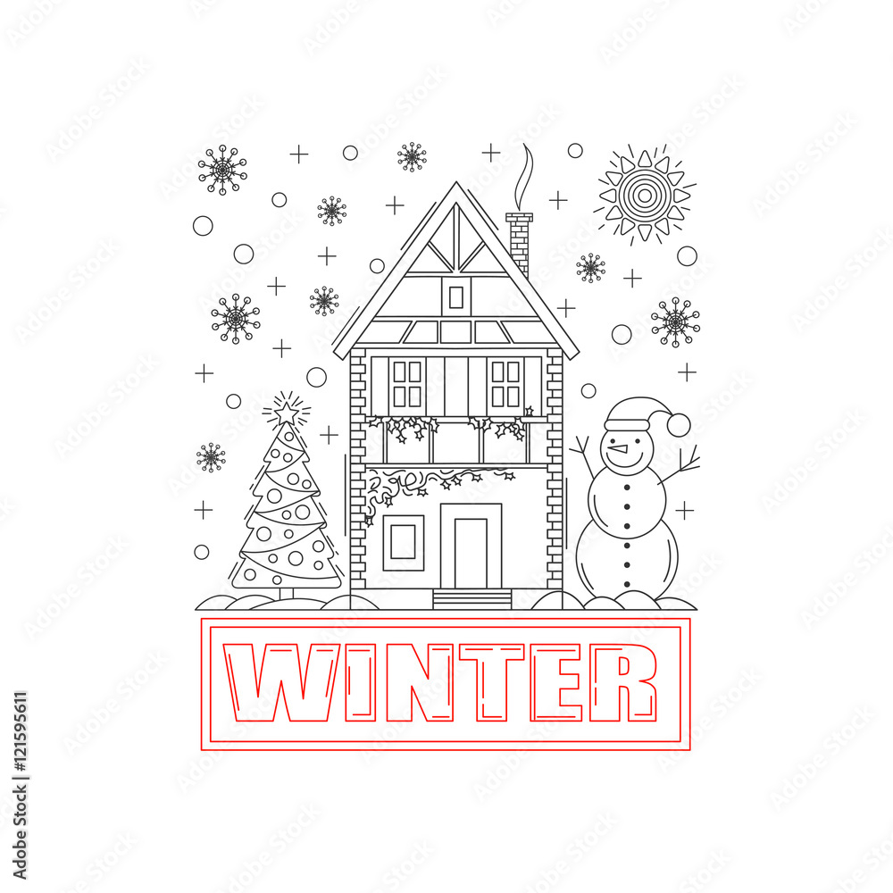 Fototapeta premium Detailed winter house on snowy background. Vector illustration