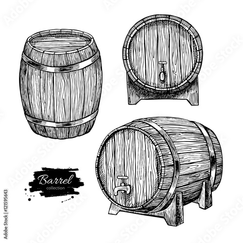 Vector wooden barrel. Hand drawn vintage  illustration in engrav © Maria.Epine